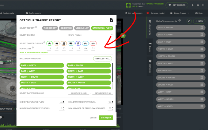 Saturation flow report window