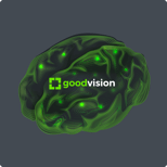 Green AI neural network brain with GoodVision logo representing consistent machine learning accuracy
