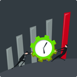 Two business professionals pushing gear mechanism toward rising red bar chart showing productivity improvement and efficiency gains