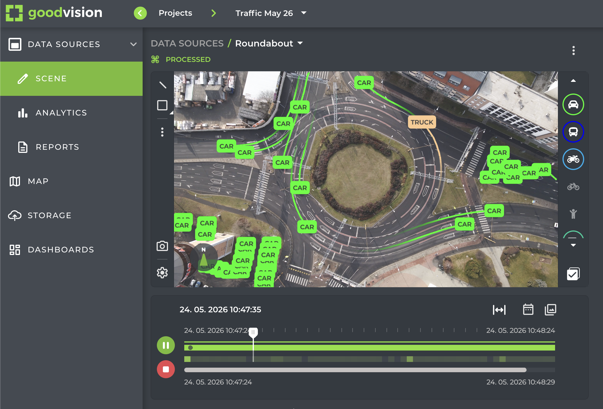 GoodVision Video Insights showing complete vehicle trajectory paths through a road junction