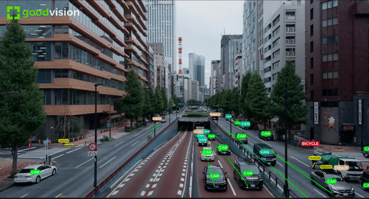 AI vehicle detection and classification by GoodVision showing labeled cars, vans, trucks and bicycles on city street