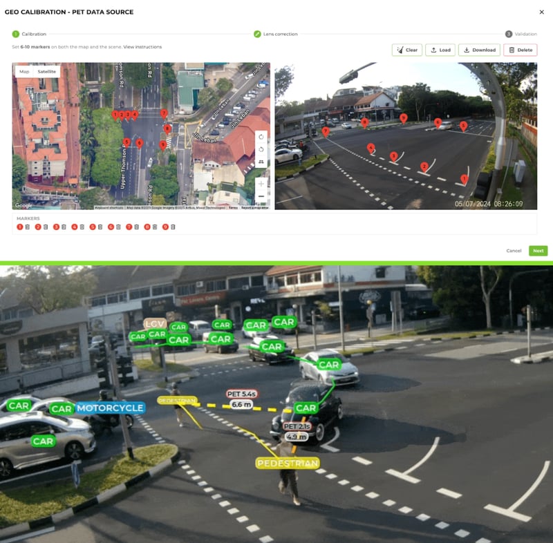 GoodVision AI traffic analytics used by transportation agencies to detect hazardous intersection conflicts, analyze PET metrics, and identify near-miss events with automated trajectory extraction and video-based safety diagnostics.