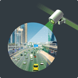 Traffic camera viewing intersection from elevated angle demonstrating optimal camera placement for data collection