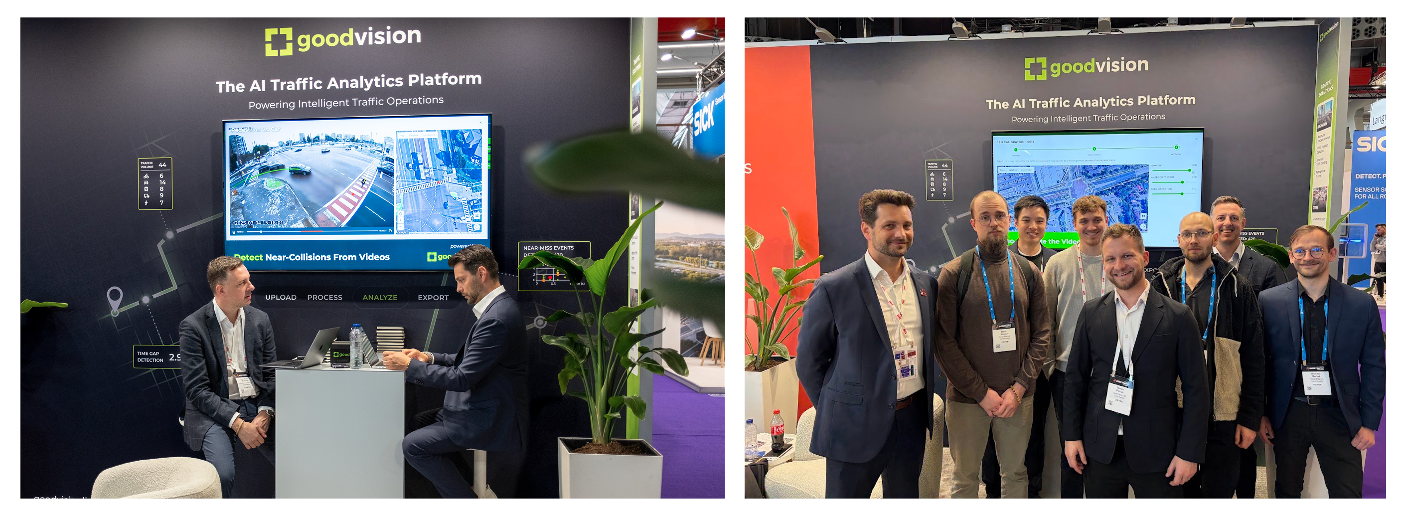 GoodVision team meeting visitors at the company exhibition stand, with near-collision detection running on the platform behind them