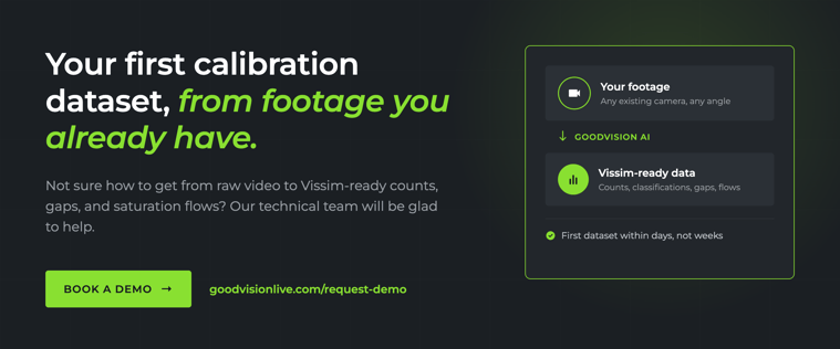 Book a GoodVision demo to build a Vissim calibration dataset from footage