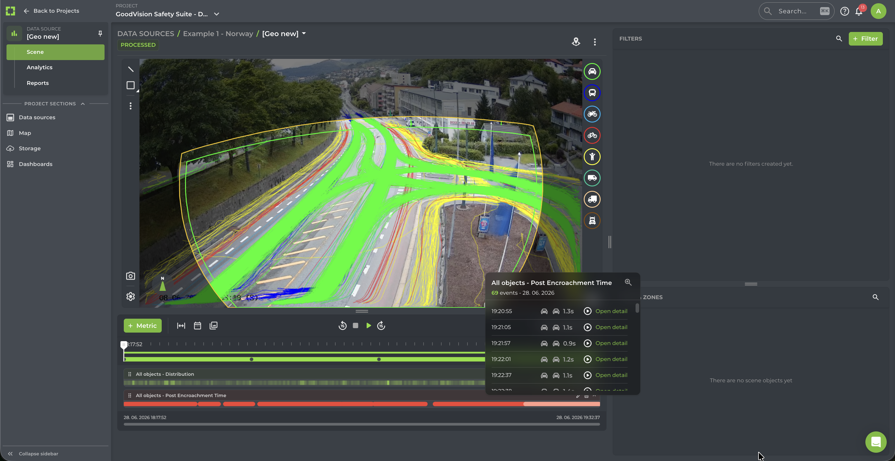 GoodVision Safety Suite showing tracked road user paths and post-encroachment-time events on a highway junction