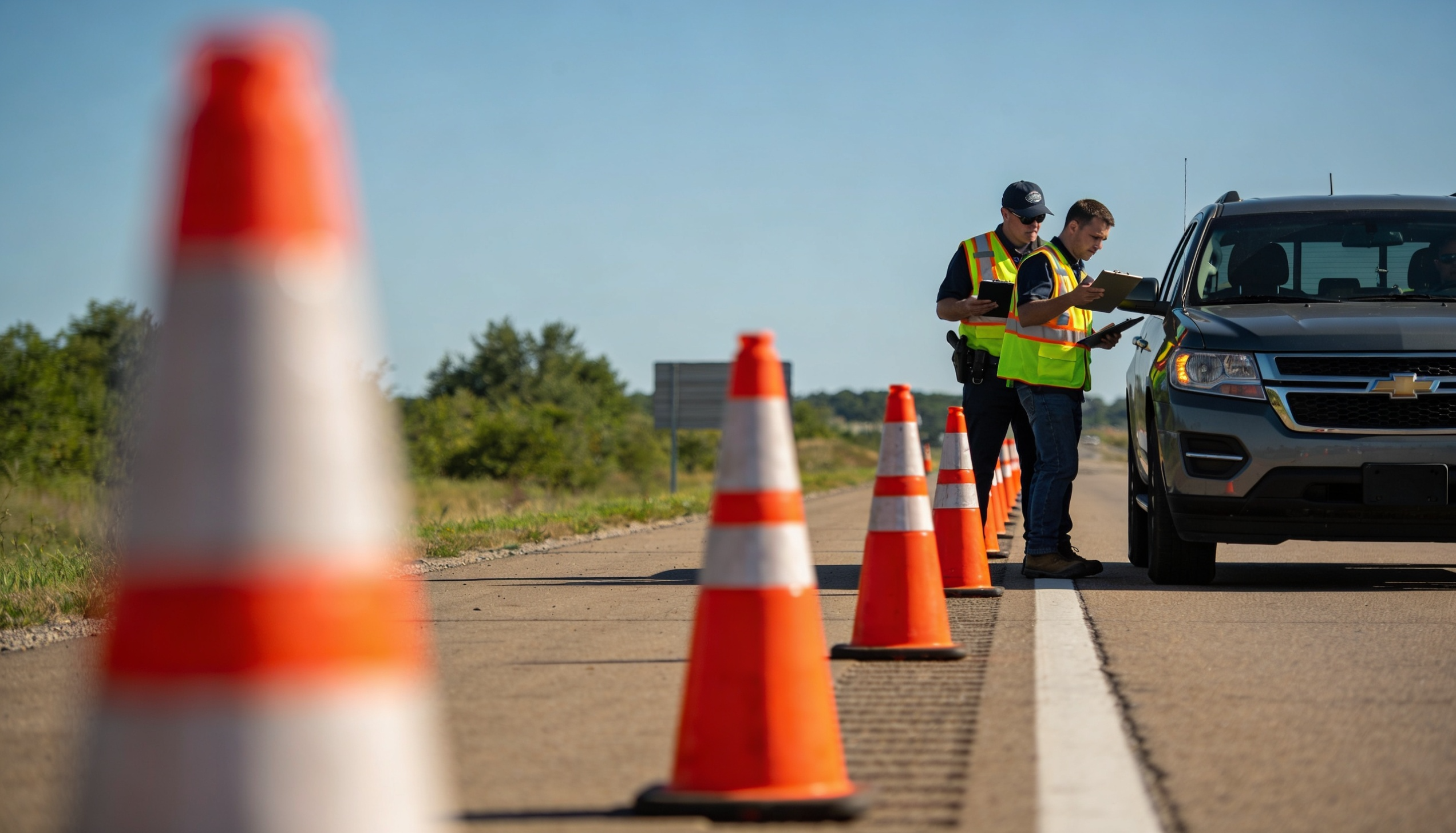 Roadside intercept survey crew stopping vehicles at a junction to collect origin-destination data