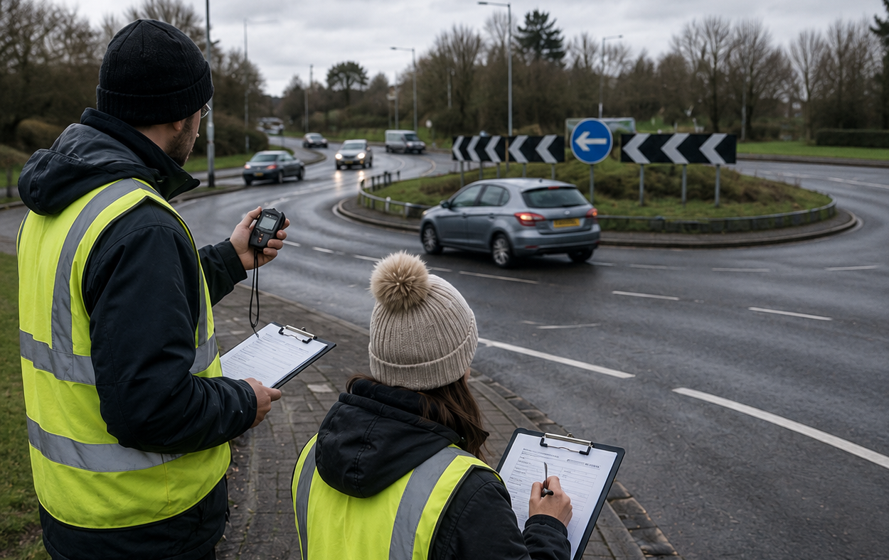 Field crew manually counting vehicles at a roadside, the traditional calibration data collection method