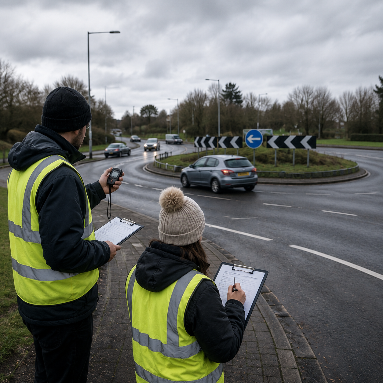 Traffic survey crew manually counting vehicles at a road intersection