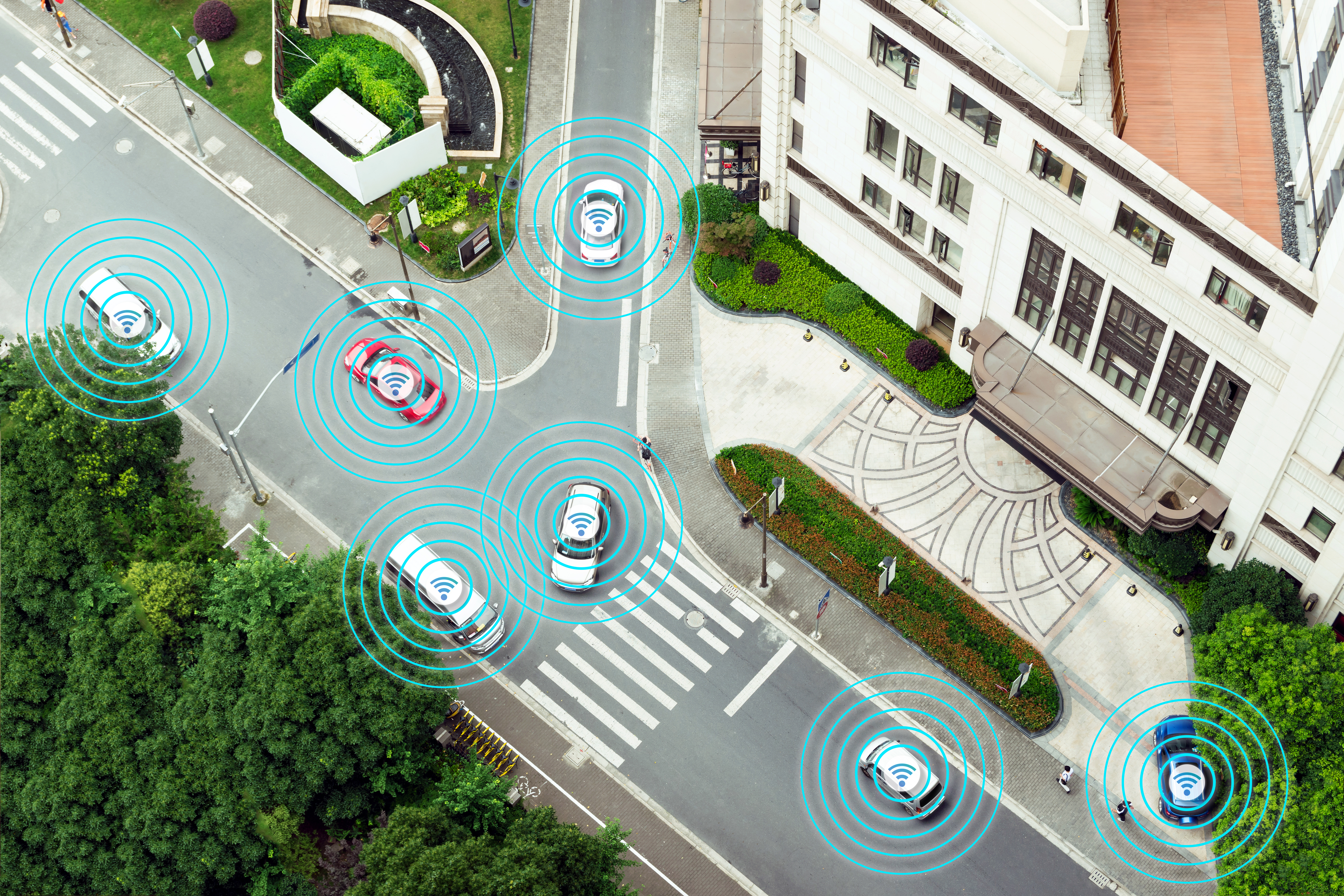 Connected cars transmitting data on street